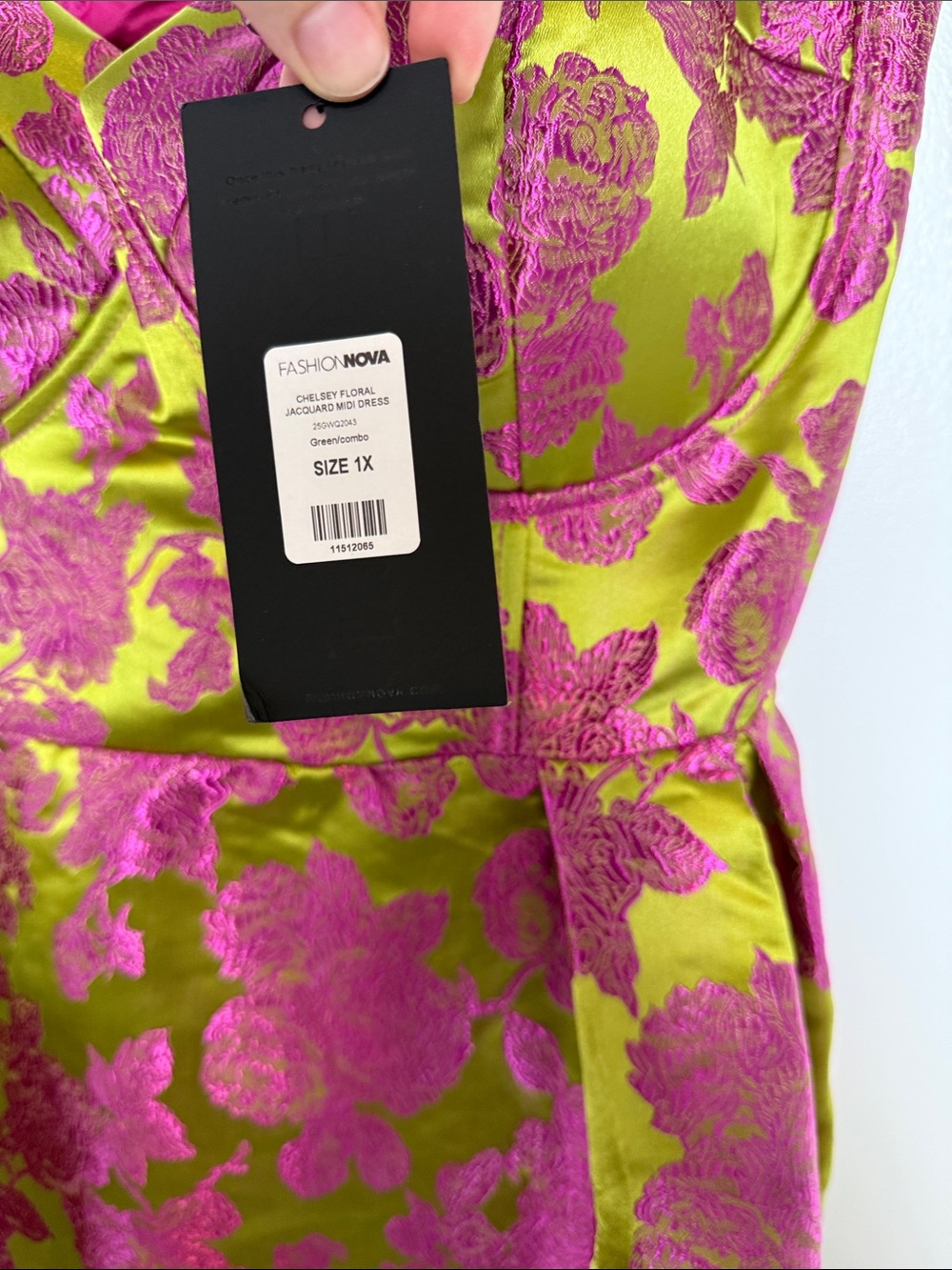 NWT Fashion Nova Lux Pink & Lime Floral Brocade Bustier Midi Dress - Picture 4 of 11